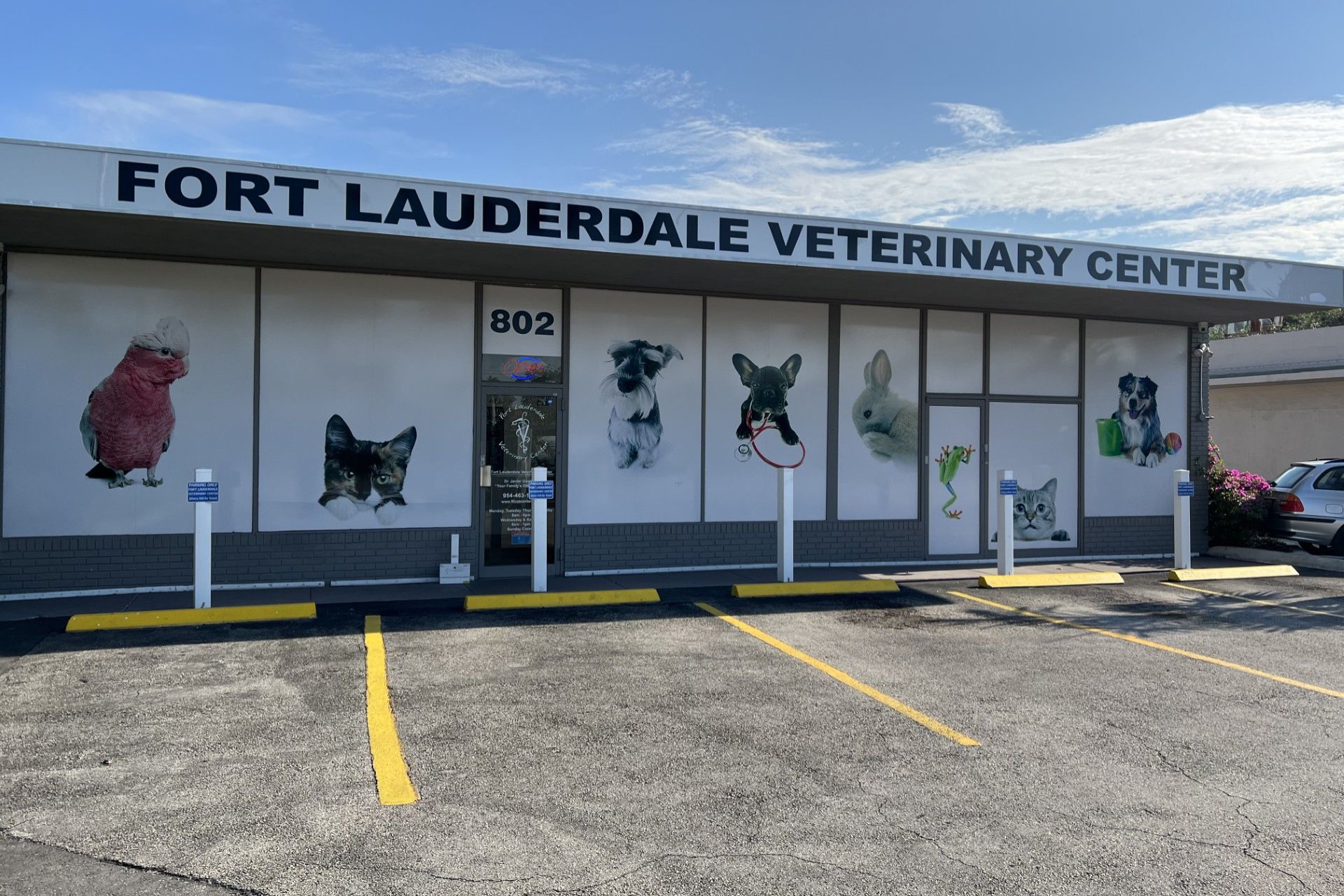 Fort Lauderdale Veterinary Center exterior storefront with animal window displays